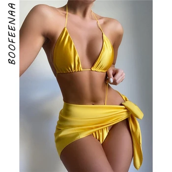 BOOFEENAA Sexy Satīna Peldkostīms Sievietēm 3 Gabals Mikro Bikini Komplekts ar Mini Svārki Pludmali, Valkāt Sieviešu Brīvdienas Tērpiem Vasaras C83-BE10