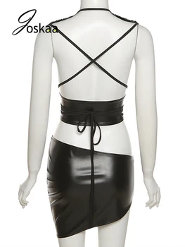 Joskaa Sexy 2 Gabals, kas Modes Streetwear Sieviešu PU Ādas Backless Kultūraugu Top Un Mini Svārki Mathing 2021. Gada Rudenī Puse Clubwear