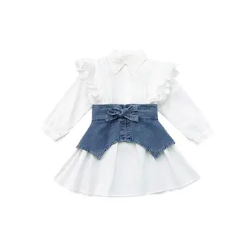 Meitene džinsa raibs kleita ir 2021. pavasarī, rudenī jaunu garām piedurknēm modes ruffles kleitu bērnu kokvilnas krekli, bērnu apģērbi wz94