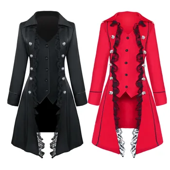 Vintage Sieviešu tīrtoņa Krāsu Turndown Mežģīņu Apkakle ar garām Piedurknēm Triple-Krūšu Gothic Coat Žaketes Virsdrēbes пальто женское осень