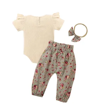 0-12 Mēneši Vēstuli Baby Meitenes, Trīs gabals Apģērbu Komplekts, Bēša Apaļu Apkakli, Īsām Piedurknēm Romper + Bikses + Galvassegu