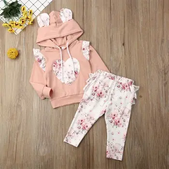 0-24M Cute Ziedu Baby Girl Apģērbu Komplekts Zīdaiņiem Jaundzimušo Bērnu Kapuci garām Piedurknēm Topi Ruffles Bikses Bikses Rudens Pavasara Drēbes