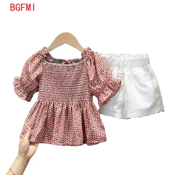 1-6T Meitenes Dzimšanas dienas Uzvalks Vasaras korejiešu Meitene Bērnu Šifona Ziedu Īsām piedurknēm +Šorti Uzstādīt Bērnu Apģērbu Meitene Modes