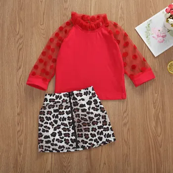 1-6Y Modes Baby Meiteņu Apģērbu Komplekti Polka Dot garām Piedurknēm Lāce, T Krekli, Topi+Leopard Print-Line Svārki