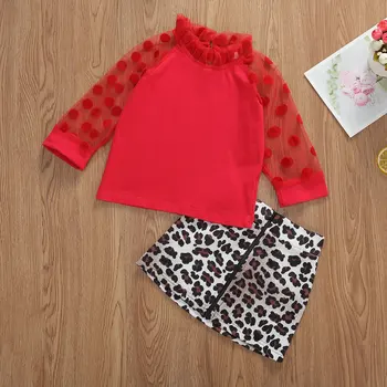 1-6Y Modes Baby Meiteņu Apģērbu Komplekti Polka Dot garām Piedurknēm Lāce, T Krekli, Topi+Leopard Print-Line Svārki