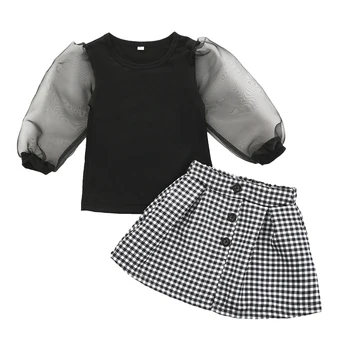 1-6Y Toddler Apģērbu Komplekti Meitenēm Mežģīnes Puff Sleeve T Krekli Bērniem, Topi Pleds-Line Mini Svārki Bērnu Apģērbs