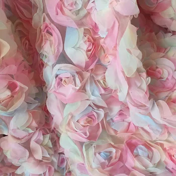 1 pagalmā franču Mežģīņu Auduma 3D Roku darbs Rozā Ziedu Aplikācijas Līgavas Kāzu Kleita Kleita