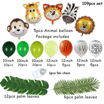 109pcs/set džungļu dzīvnieku baloni noteikti zēns dzimšanas dienas svinības apdare Safari zoo zaļo balonu arkas, baby dušas zēns 1. dzimšanas