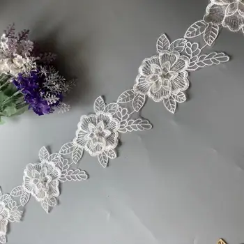 10x Balta Mežģīņu, Pērļu Apdari Lente 3D Ziedu Fāzēm Ziedu Izšūti Aplikācijas Plāksteri Kleitu Audumu Šūšana Amatniecības Vintage 10cm Jaunas