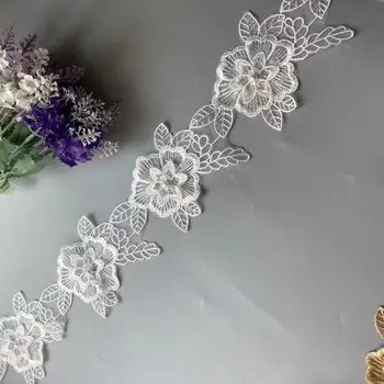 10x Balta Mežģīņu, Pērļu Apdari Lente 3D Ziedu Fāzēm Ziedu Izšūti Aplikācijas Plāksteri Kleitu Audumu Šūšana Amatniecības Vintage 10cm Jaunas