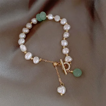 14k Nekustamā Zelta Piepildīta Dabīgo Saldūdens Pērļu Aproce Sievietēm, Meitenēm Vintage Eleganta Baroka Pērle Kāzu Rotaslietas