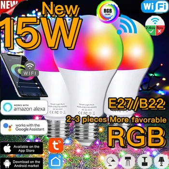 15W Smart Gaismas Luktura Spuldze RGB ēsmas zivtiņu vadi LED Bombillas Krāsains Dimming RGB Bluetooth WIFI/IS Tālvadības Alexa, Google Palīgs