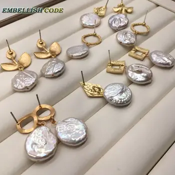 17mm Dzīvoklis Nearround Monētas Stud Vilināt Auskari Matēta Zelta Ar Baltu Dabas Saldūdens Pērles 14 Stilā