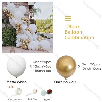190pcs Matēts Balts Baloni Vainags Chrome Zelta Balonu Arku Komplekts Baby Duša, Dzimšanas dienas svinības, Kāzu Dzimumu Atklāt Grupa Krājumi
