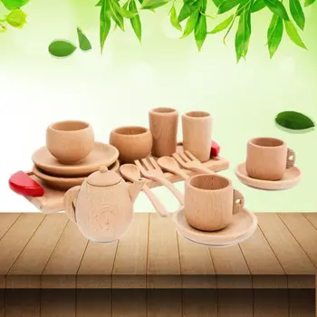 1Set Koka Galda Rīki Tea Pot Tējas Tase Teatime Puse spēles Rotaļu Namiņš Miniatūra Virtuves un Galda Piederumi Bērniem