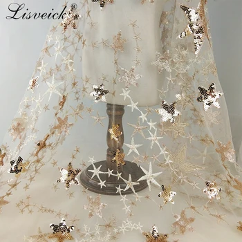 1yard Skaistu zelta Sequin Zvaigžņu Izšuvumi mežģīņu Audums kāzu vakara kleita franču Tilla mežģīnes