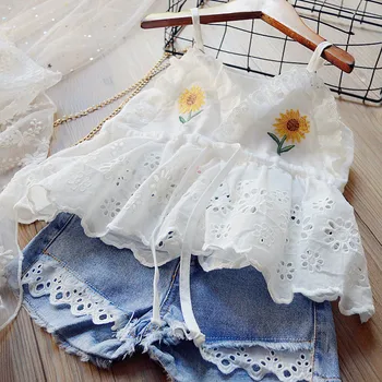 2-7year baby Meiteņu Tērpiem Iespiesti Vasaras Kreklu Mežģīņu Ziedu veste+Džinsa bikses Meiteņu Apģērba Komplekts bērniem uzvalks Bērnu Drēbes