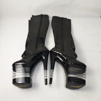 20 cm augstiem papēžiem, sexy zippered atvēršana, melns svītrains platformas, modelis kluba pole dejas performance augstpapēžu zābaki