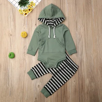 2019 Bērnu Pavasara, Rudens Apģērbu Toddler Puiku Drēbes Kapuci Topi Ar Garām Piedurknēm Romper Svītrains+Garās Bikses Kabatā Tērpiem