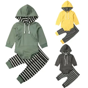 2019 Bērnu Pavasara, Rudens Apģērbu Toddler Puiku Drēbes Kapuci Topi Ar Garām Piedurknēm Romper Svītrains+Garās Bikses Kabatā Tērpiem