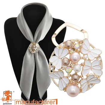 2019 Elegants rhinestone pērle apaļas emaljas aplis tauriņš zīda šalle klipu pin broša modes kāzu lakatu, sprādzes