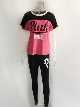 2020. gada Rudens Sporta Sievietēm Komplekts Rozā Burtu Drukas T-krekls Izdilis Zīmuli Bikses Uzvalks Divas Gabals, kas Elegants Tracksuit Sweatsuit