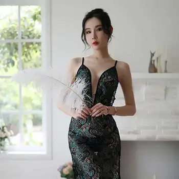 2020 Jaunu Sexy Apakšveļa Linga Dziļu V Zemas Frekvences Ķīniešu Stilu, Elegants Klasiskā Zilā Pāva Mežģīnes Augstas Sadalīt Pavada Kleita Cheongsam