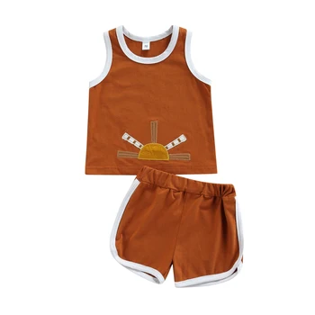2021-04-05 Lioraitiin 2Pcs Set 0-4Years Toddler Boy Girl Vasaras Apģērbs Saule Izšuvumi O-veida Kakla Topi Elastīga Vidukļa Bikses