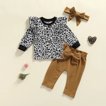 2021-06-23 Lioraitiin 0-24M Infant Baby Meitenes 3PCS Rudenī Tērpiem Savirmot garām Piedurknēm Leopard Topi Bowknot Bikses + Galvas Kopa