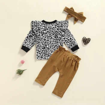 2021-06-23 Lioraitiin 0-24M Infant Baby Meitenes 3PCS Rudenī Tērpiem Savirmot garām Piedurknēm Leopard Topi Bowknot Bikses + Galvas Kopa