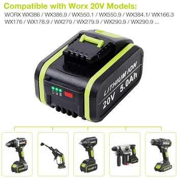 20V 5.0 Ah Litija jonu Rezerves Akumulators par Worx WA3551 WA3553 WX390 WX176 WX550 WX386 WX373 WX290 WX800 WU268