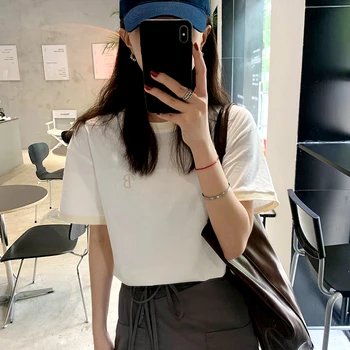 2Colors 2021. gada Vasaras korejiešu stilā Vēstuli Izšuvumi Īsu Īsām Piedurknēm t-krekls Sieviešu Mīksti topi, t-veida krekls femme (F4379)