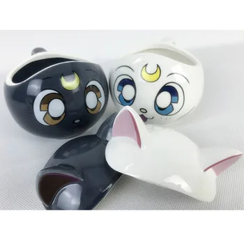 2gab/set 300ml Radošo Kafijas Tases Anime Sailor Moon Keramikas Krūze Piena Kausa 3D Multiplikācijas filmu Krūze Kaķis Drinkware Melna Balta Pāris Kauss