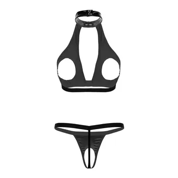 2gab Sexy Sievietes Slapjš Izskatās, Mākslīgās Ādas Apakšveļas Komplekts Pavada Kakla Dobi Ārā Krūtis Krūšturis Top ar Crotchless G-string Biksītes Apakšveļu