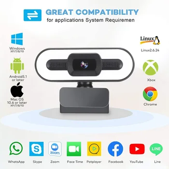 2K HD tīmekļa Kamera ar Mikrofonu 1080P USB Webcam Gredzenu Gaismas LED Datoru Fotokameras Tālummaiņas, Video Konferences PC Mac Klēpjdatoru Desktop