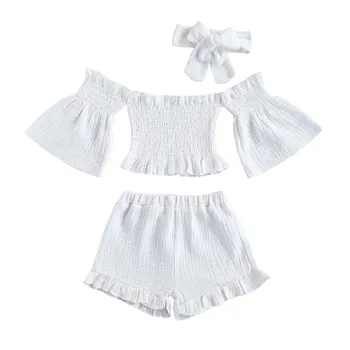 3 Gab. Zīdaiņu vienkrāsainu Apģērbu, Baby Meitenes Pie Pleca Izlīdzināšanu Piedurknēm Laivu Kakla Topi + Savirmot Bikses + Bowknot Galvas stīpa 1-6T