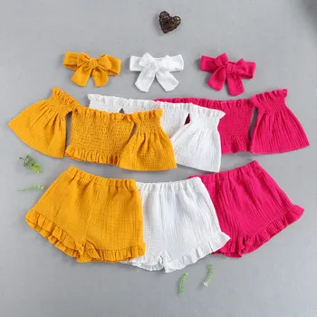 3 Gab. Zīdaiņu vienkrāsainu Apģērbu, Baby Meitenes Pie Pleca Izlīdzināšanu Piedurknēm Laivu Kakla Topi + Savirmot Bikses + Bowknot Galvas stīpa 1-6T