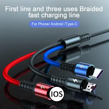 3 in 1 Micro USB Uzlādes Kabelis 5.A Super Fast Charger 8pin Tips-K Kabeļa Vadu iPhone/Huawei/Android, IOS Adapteris 3 Krāsu Kabelis