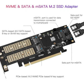 3 in 1 NGFF un MSATA SSD Adaptera Karti,M. 2 NVME uz PCIE/M. 2 SATA SSD SATA III/MSATA ar SATA Adapteri, lai 2280/2260