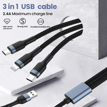 3 In 1 USB Kabelis USB A Uz Micro USB/Tips C/8 Pin Ātrās Uzlādes Kable Tālruņa Lādētāja Kabeli, Lai iPhone 12 Pro Redmi Huawei, Samsung