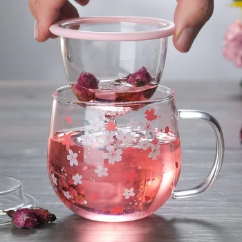 300ml Sakura Krūze Stikla krūze Ar Tējas Infuser Filtru un Vāku Ķiršu kauss uzstādīt Ziediem, Ziedu Teacup Pārredzamu karstumizturīgiem Stikliem