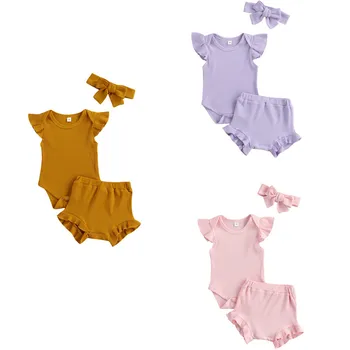 3Pcs Jaundzimušo Vasaras Apģērbs, Zīdaiņu Meitenēm tīrtoņa Krāsu Salātu O-veida Kakla Lidot Piedurknēm Romper + Savirmot Bikses + Bowknot Galvu, 0-18M