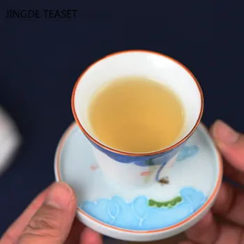 4 gab/daudz Ķīniešu Keramikas Teacup Roku apgleznoti lotus kausa Nelielu tējas trauks Roku darbs porcelāna Tējas komplekts Piederumi Master Drinkware