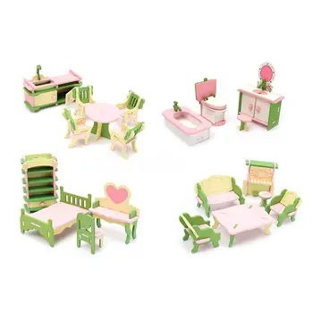 4 Set Koka Namiņš Miniatūru Mēbeles Puzzle Modeli, Bērni Bērnu Rotaļlietas