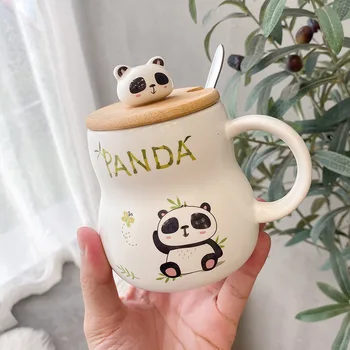 400 ml Chins Stilu Gudrs Karikatūra Panda Keramikas Krūze Ar Vāku Un Karoti Kawaii Salds Panda Bambusa Kafijas Tasi Brokastis, Piens, Ūdens Cu