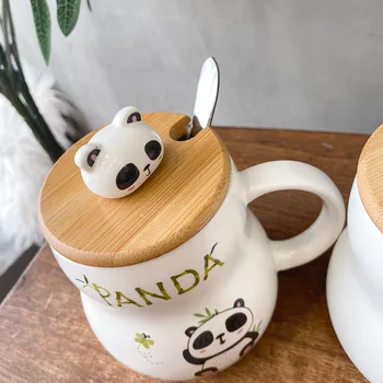 400 ml Chins Stilu Gudrs Karikatūra Panda Keramikas Krūze Ar Vāku Un Karoti Kawaii Salds Panda Bambusa Kafijas Tasi Brokastis, Piens, Ūdens Cu