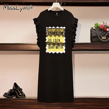 4XL Plus Lieluma Sievietēm Saldu Kokvilnas T Kleita Vasaras 2021 Modes Vēstuli Izdrukāt ar Mežģīnēm Ziedlapiņas Piedurknēm Gadījuma Black Midi Kleitas