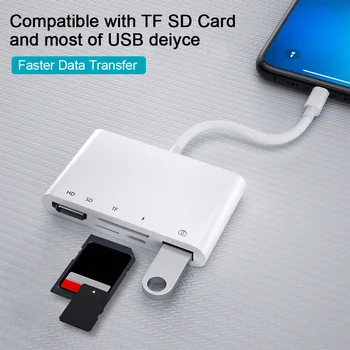 5 in 1 OTG Adapteri 2K 1080P Digitālo AV SD/TF Kartes Karšu Lasītājs iOS Interfeiss HDMI-Savietojams Adapteris priekš iPhone, iPad