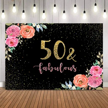 50 un pasakains dzimšanas dienas fons pieaugušām sievietēm, dzimšanas dienas svinības apdares foto fona rozā ziedi zeltaini punktiņi, banner