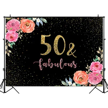 50 un pasakains dzimšanas dienas fons pieaugušām sievietēm, dzimšanas dienas svinības apdares foto fona rozā ziedi zeltaini punktiņi, banner